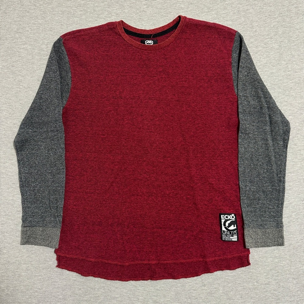Ecko Unltd Thermal Long Sleeve Shirt Red Grey Heathered Waffle Knit Mens Size XL